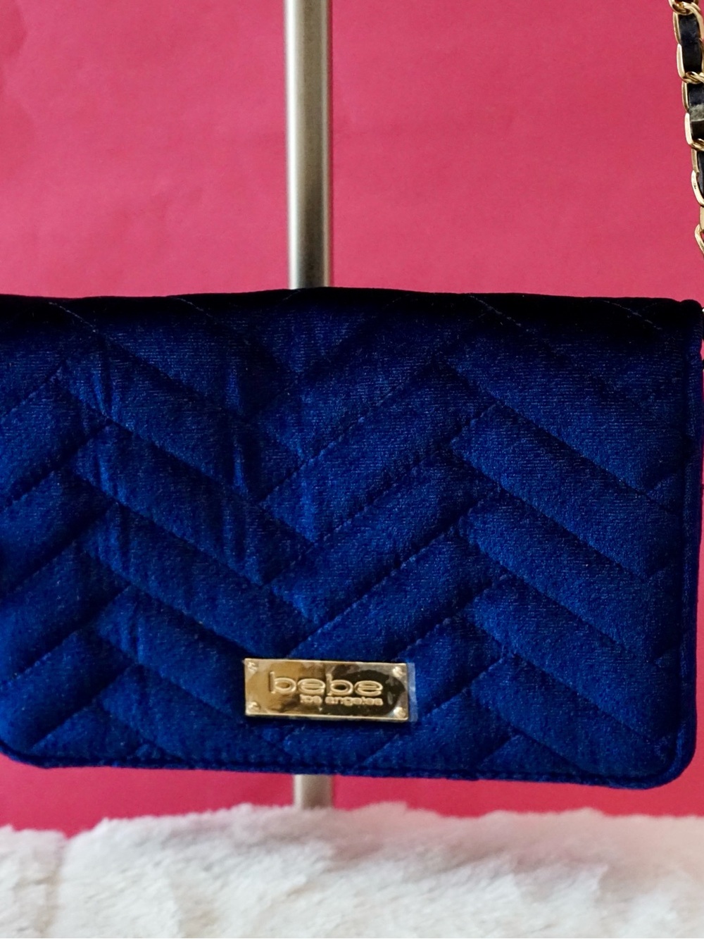 NWT Bebe Quilted Navy Blue Velvet Crossbody Bag | Convertible Chain Clutch